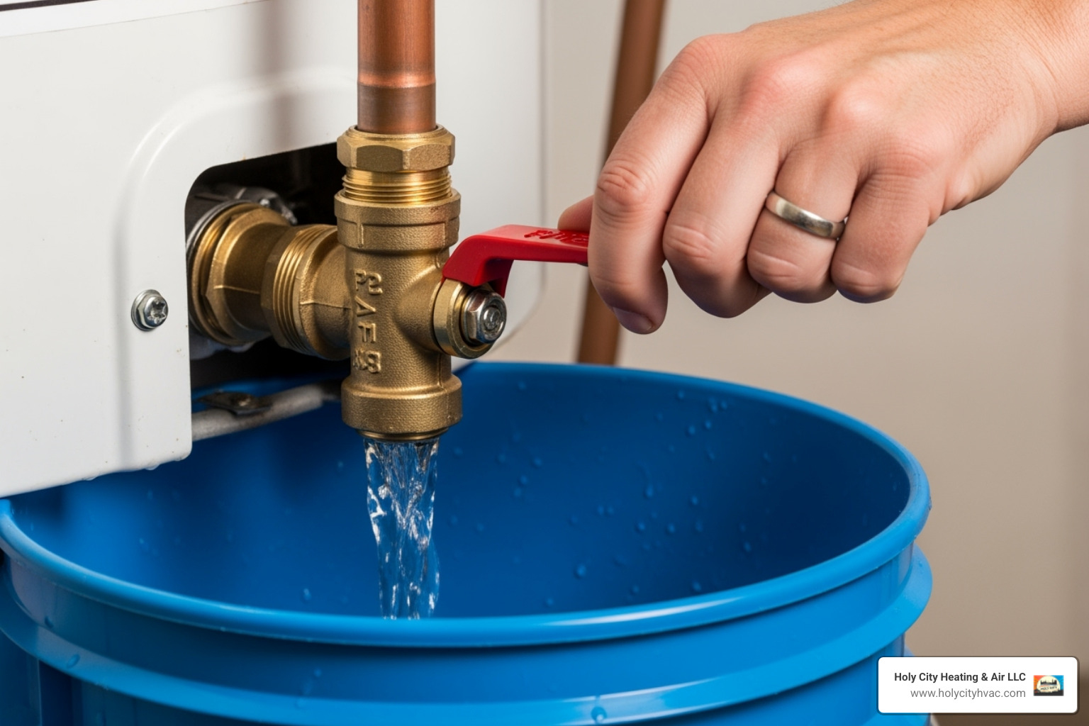 A hand lifting the lever on a TPR valve with a bucket underneath to catch water - water heater maintenance