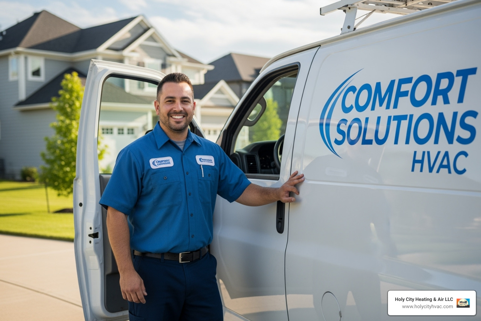 of a friendly, professional HVAC technician with a van - heating fix near me