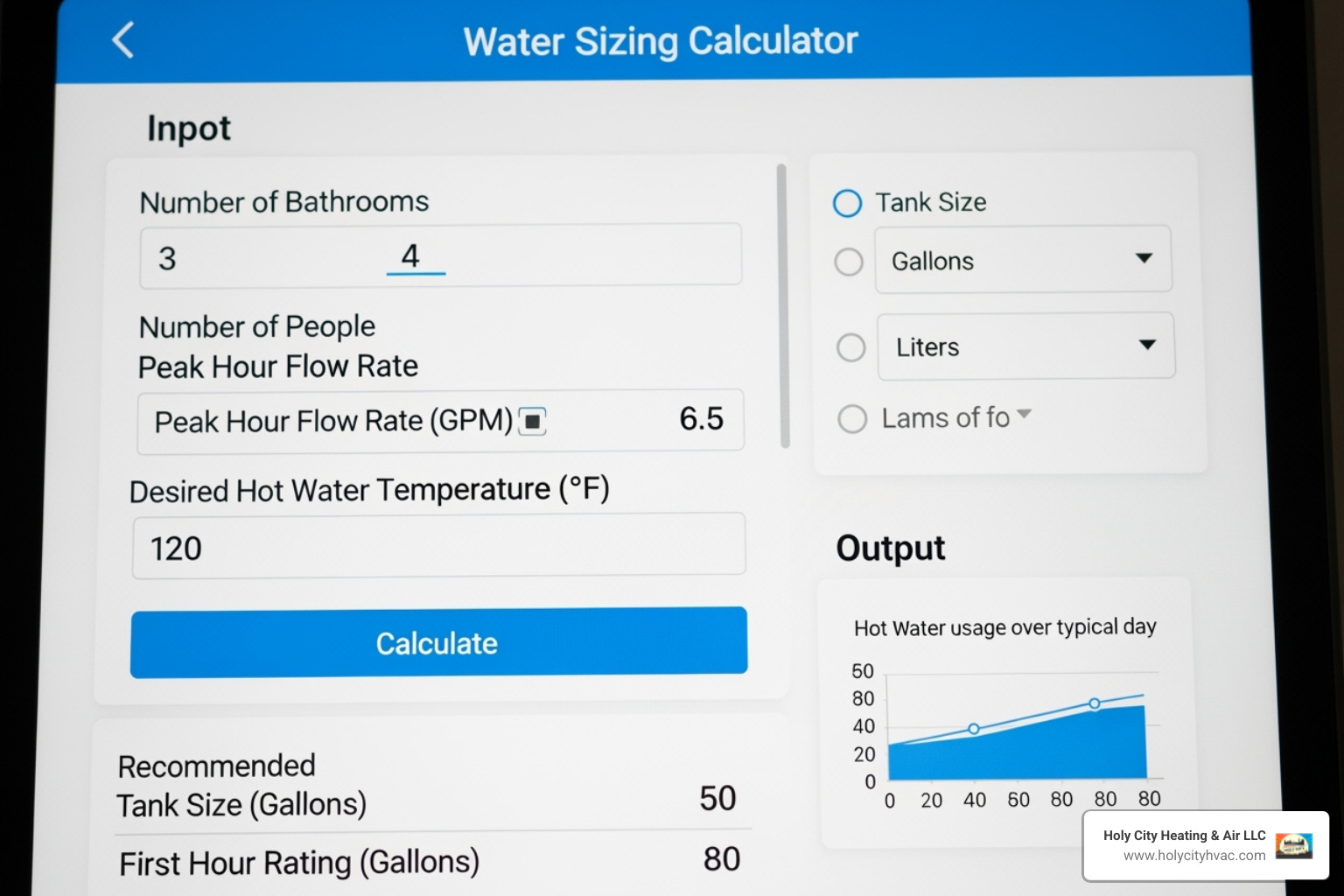 Image of a water heater sizing chart or calculator interface - commercial water heater installation