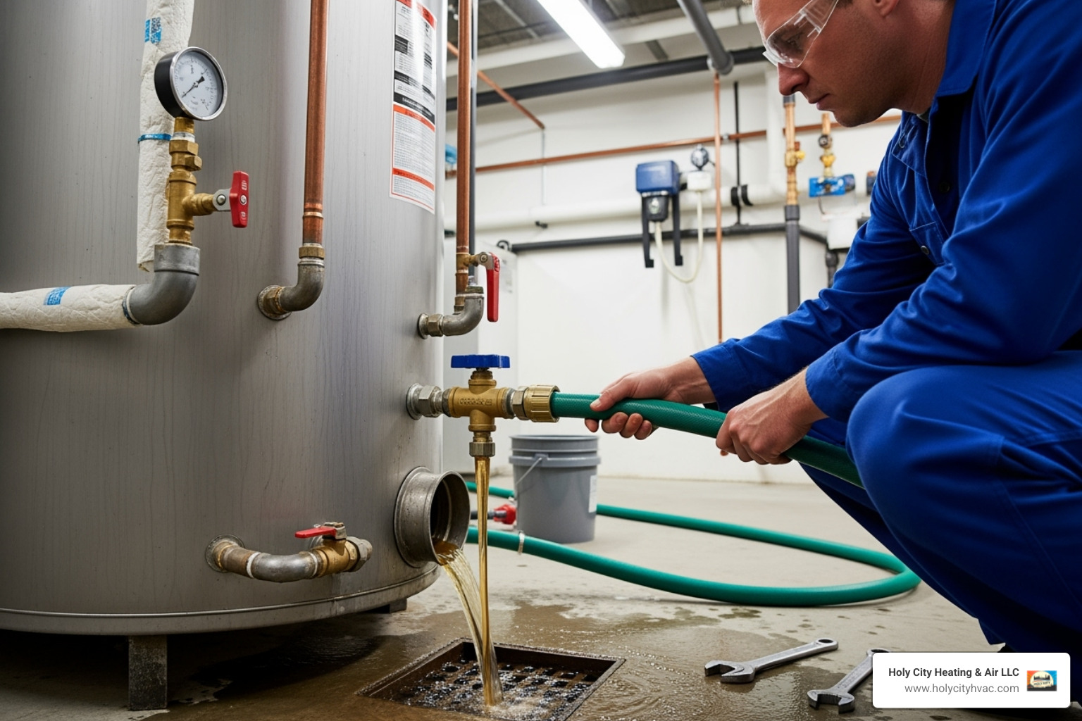 Image of a technician flushing a commercial water heater tank - commercial water heater installation