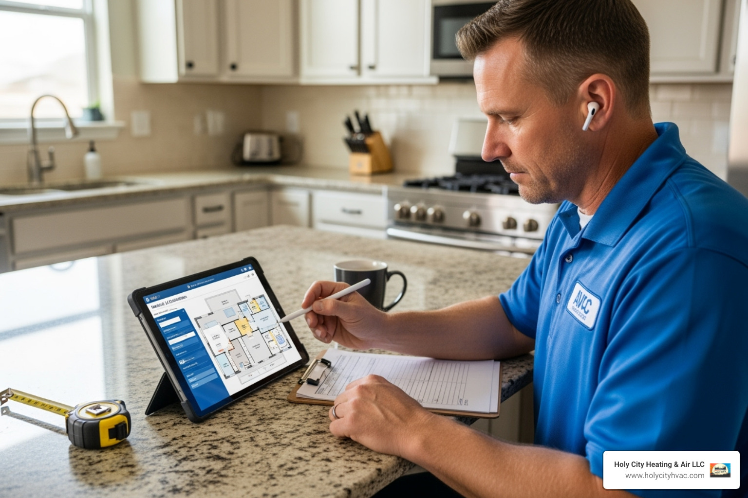 technician performing Manual J load calculation - how much is it to install ac and heating
