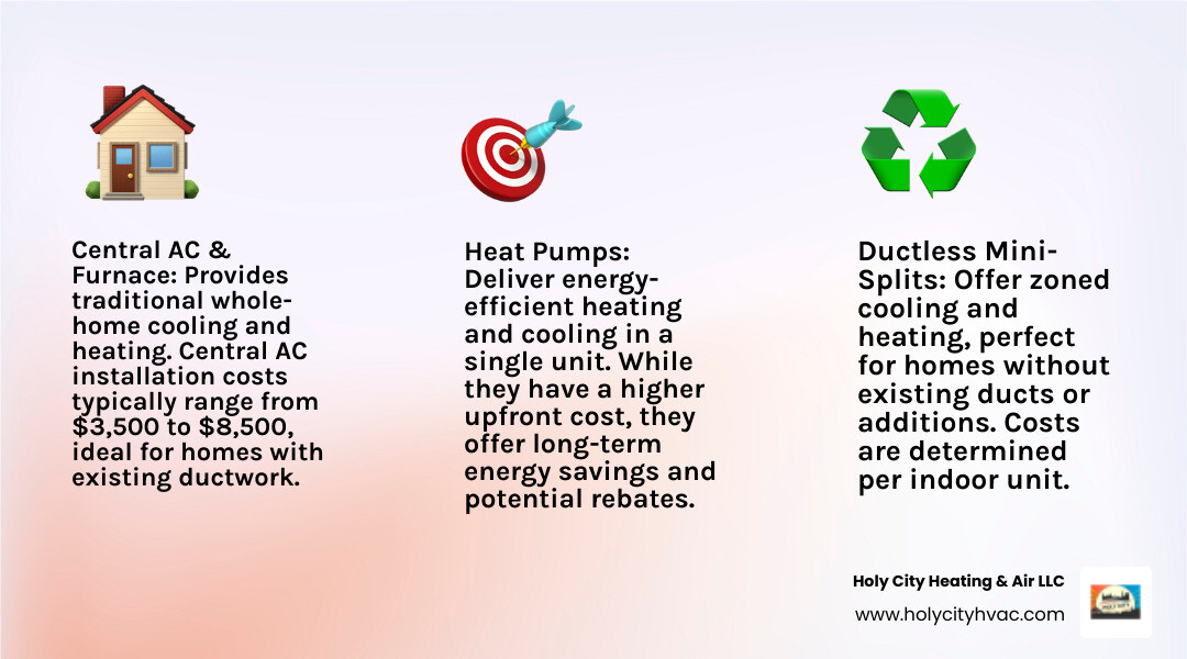 Comparison of Central AC, Ductless Mini-Splits, and Heat Pumps - how much is it to install ac and heating infographic 3_facts_emoji_light-gradient