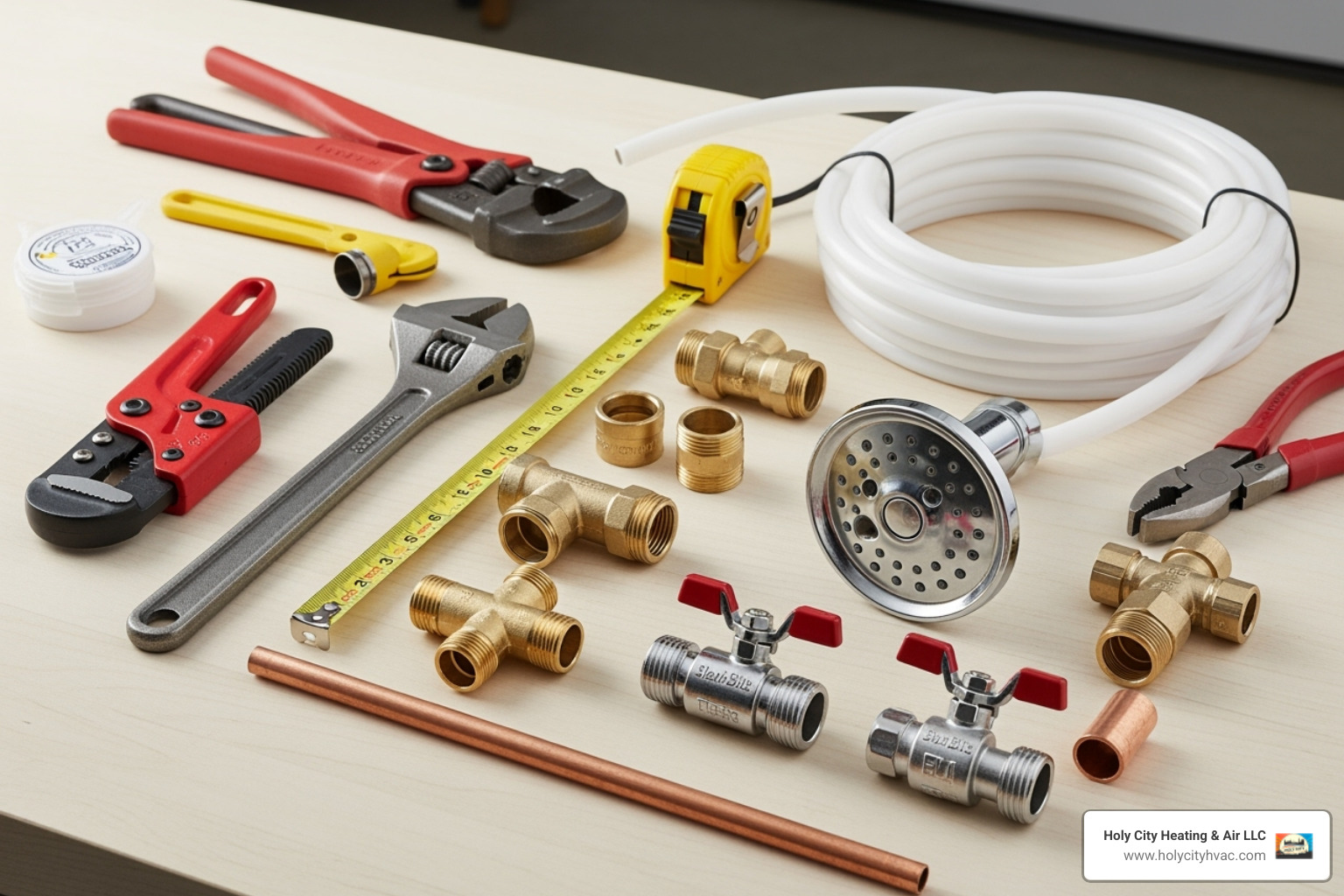 essential tools and components laid out for a DIY outdoor shower project - outdoor shower installation