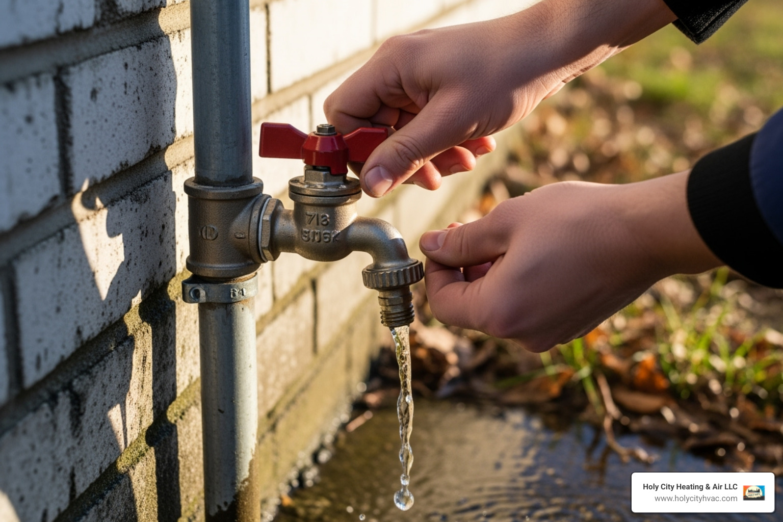 a shut-off valve being turned and a pipe being drained for winter - outdoor shower installation