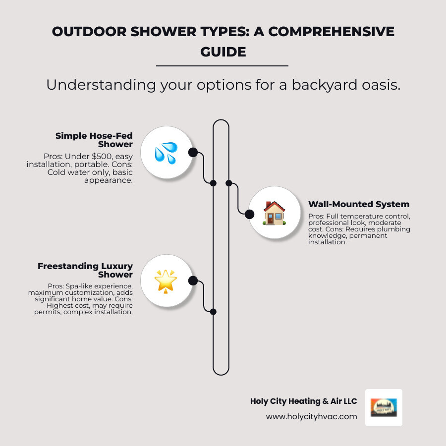 Comprehensive outdoor shower installation guide showing three main types: simple hose-fed shower with basic mounting (pros: under $500, easy installation, portable; cons: cold water only, basic appearance), wall-mounted shower with hot/cold water connections (pros: full temperature control, professional look, moderate cost; cons: requires plumbing knowledge, permanent installation), and freestanding luxury shower with custom enclosure (pros: spa-like experience, maximum customization, adds significant home value; cons: highest cost, may require permits, complex installation) - outdoor shower installation infographic infographic-line-3-steps-neat_beige