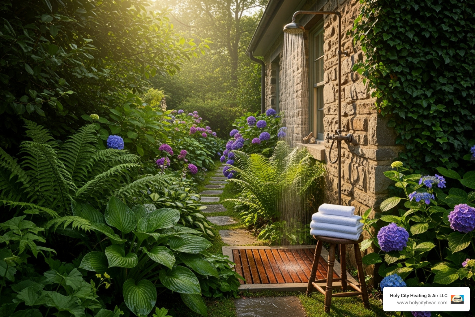 an ideal outdoor shower location tucked into a corner of a a house near a garden - outdoor shower installation