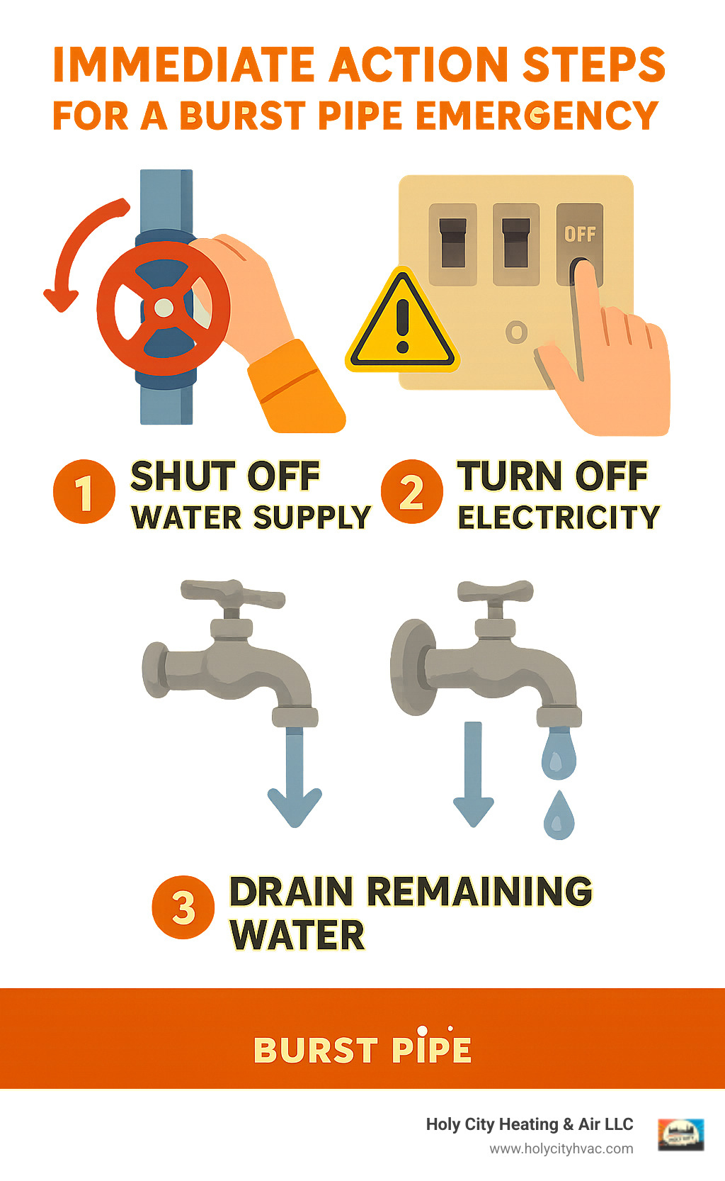 Step-by-step infographic showing immediate burst pipe emergency response: 1) Person turning off main water valve with red arrow pointing clockwise, 2) Hand switching off electrical breaker panel with caution symbol, 3) Open faucets draining water with downward arrows showing water flow - burst pipe emergency infographic 