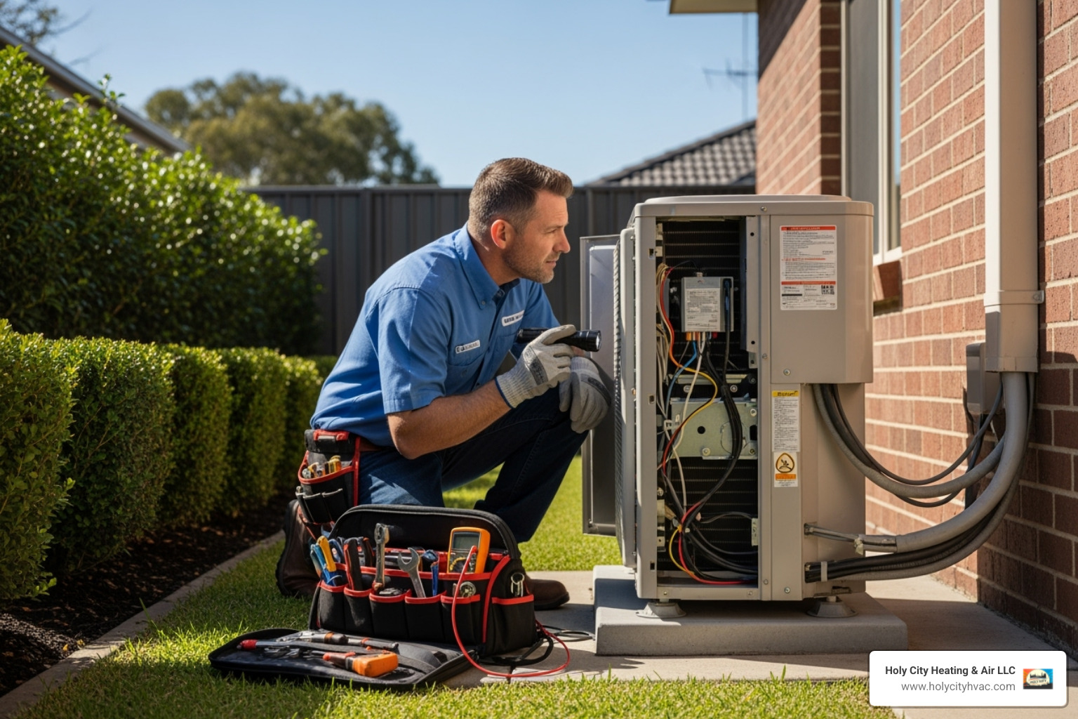certified technician inspecting AC unit - ac repair goose creek