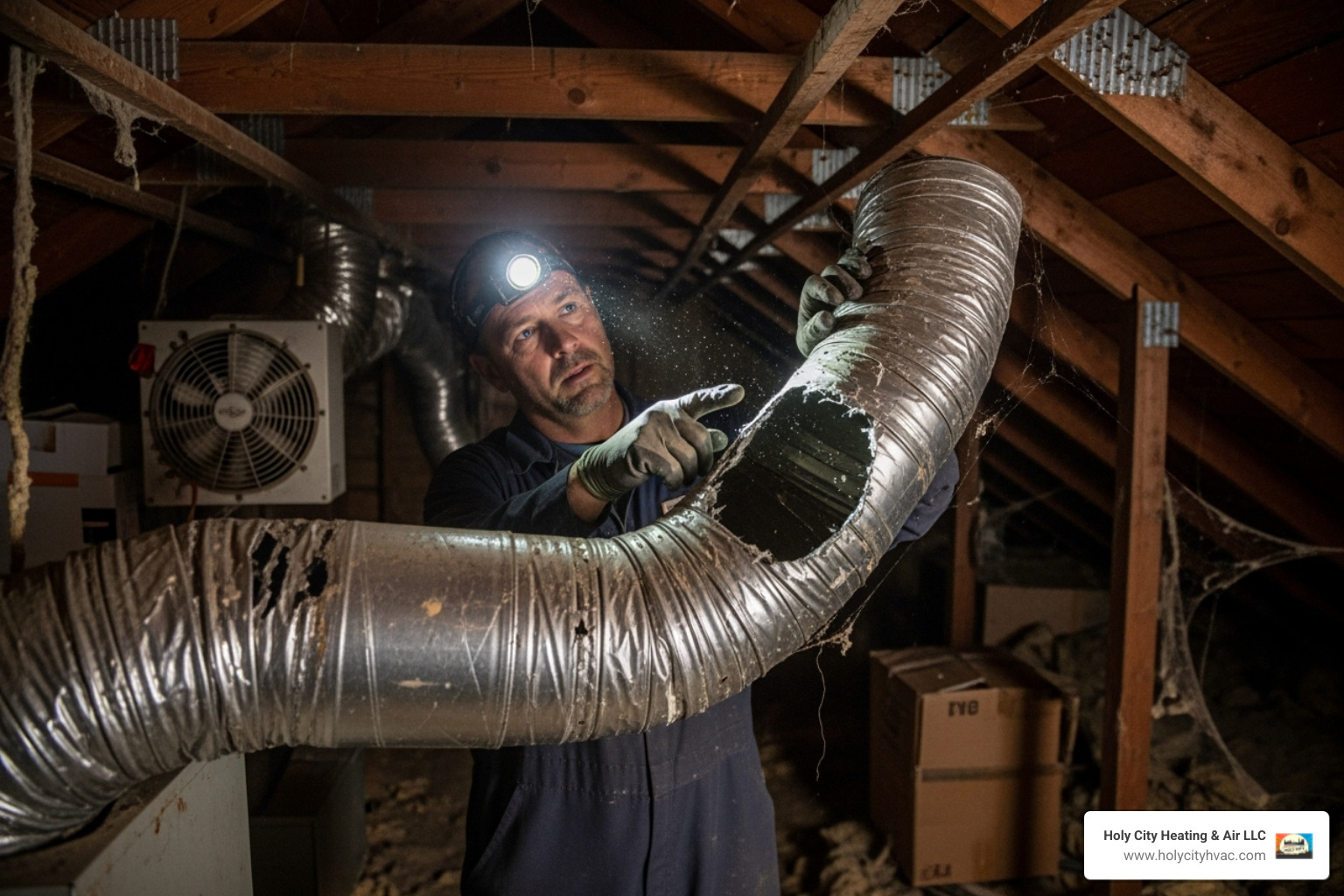 technician inspecting old, damaged ductwork in an attic - ac ductwork replacement