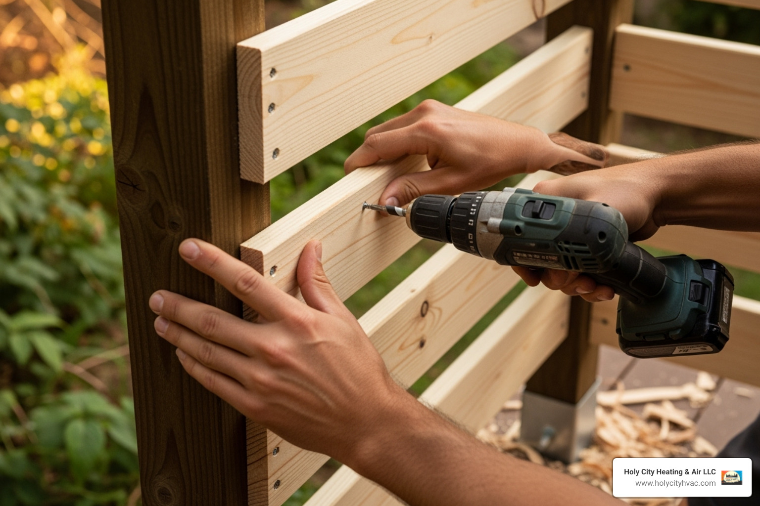 wall slats being attached to the posts - how to install an outdoor shower enclosure