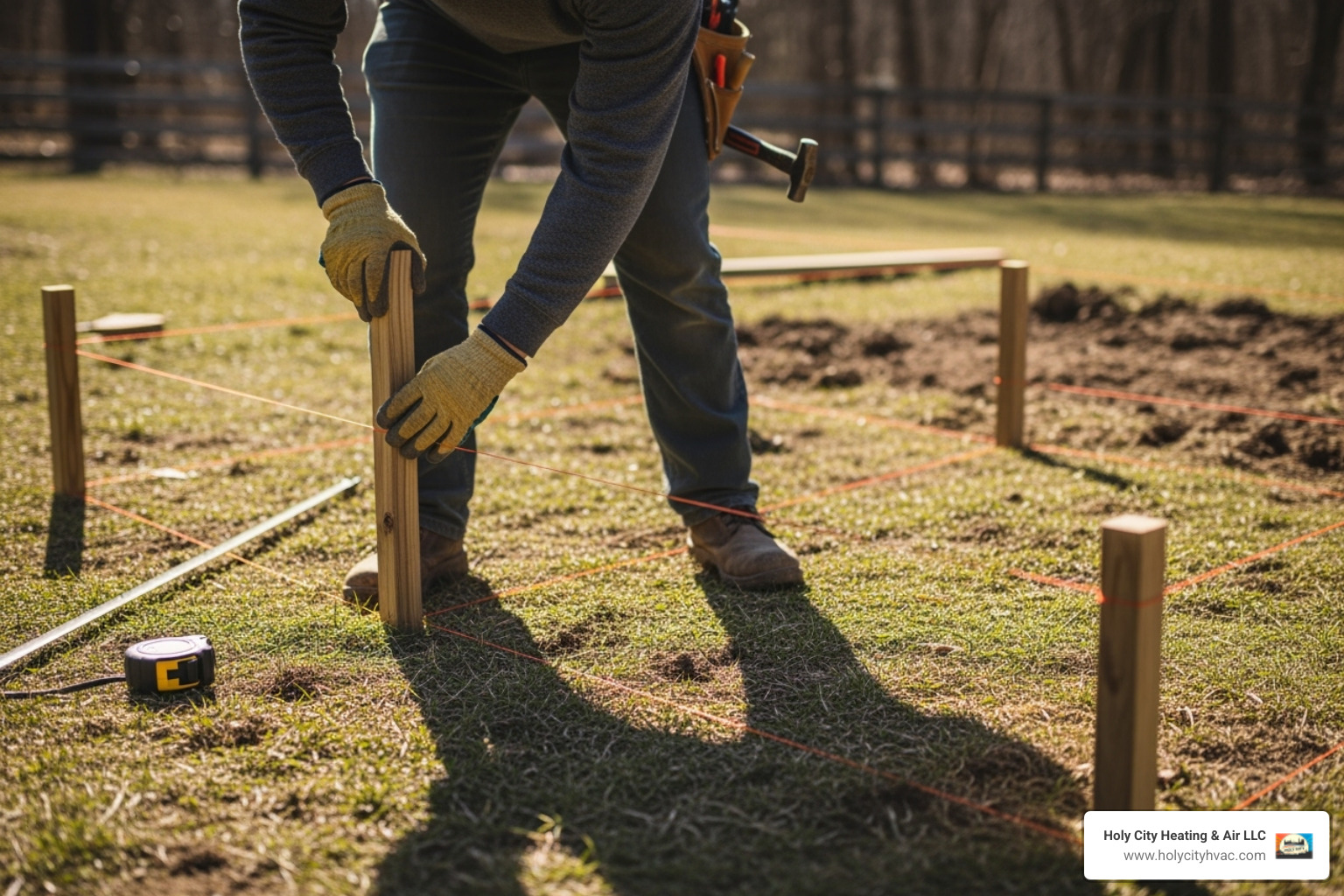 a person measuring and marking the ground for post placement - how to install an outdoor shower enclosure
