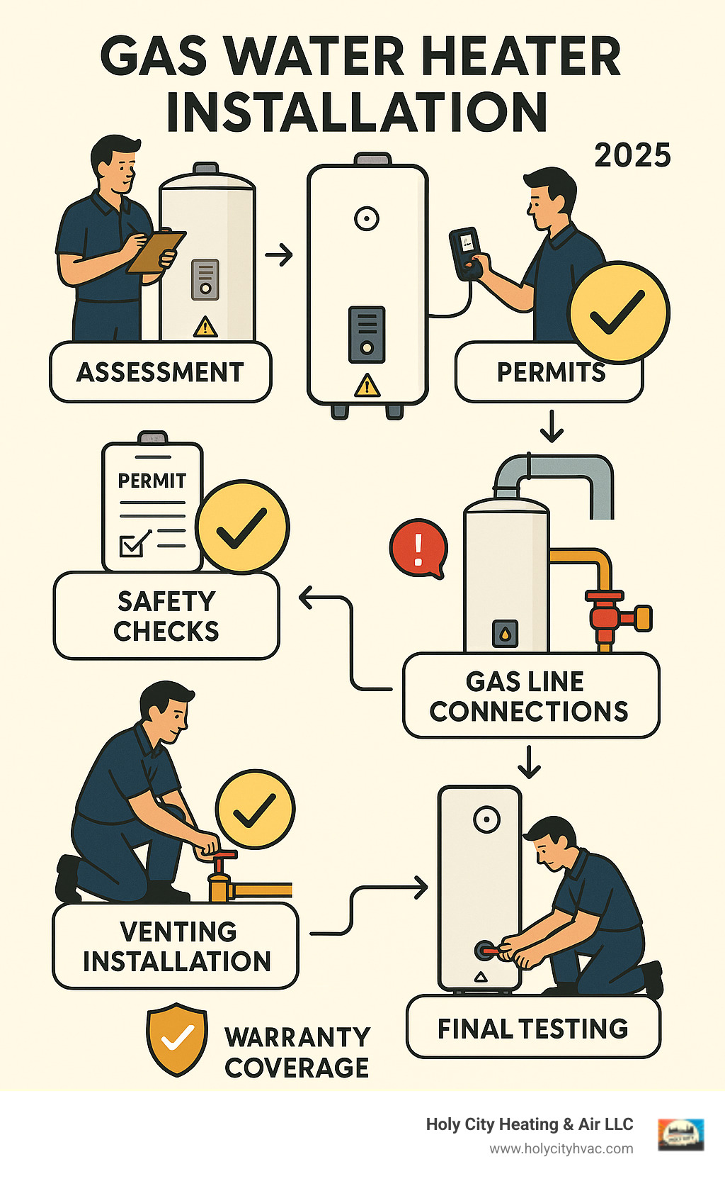 Infographic showing the complete gas water heater installation process from initial assessment through final testing, including safety checks, permit requirements, gas line connections, venting installation, and warranty coverage - gas water heater installation near me infographic Infographic showing the complete gas water heater installation process from initial assessment through final testing, including safety checks, permit requirements, gas line connections, venting installation, and warranty coverage - gas water heater installation near me infographic