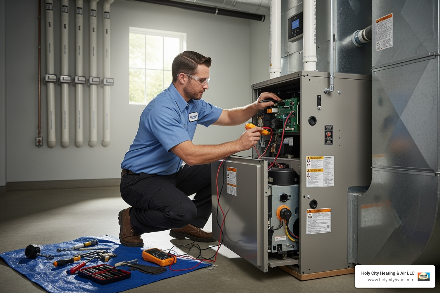 technician servicing a furnace unit in a clean utility space - furnace repair mt pleasant technician servicing a furnace unit in a clean utility space - furnace repair mt pleasant