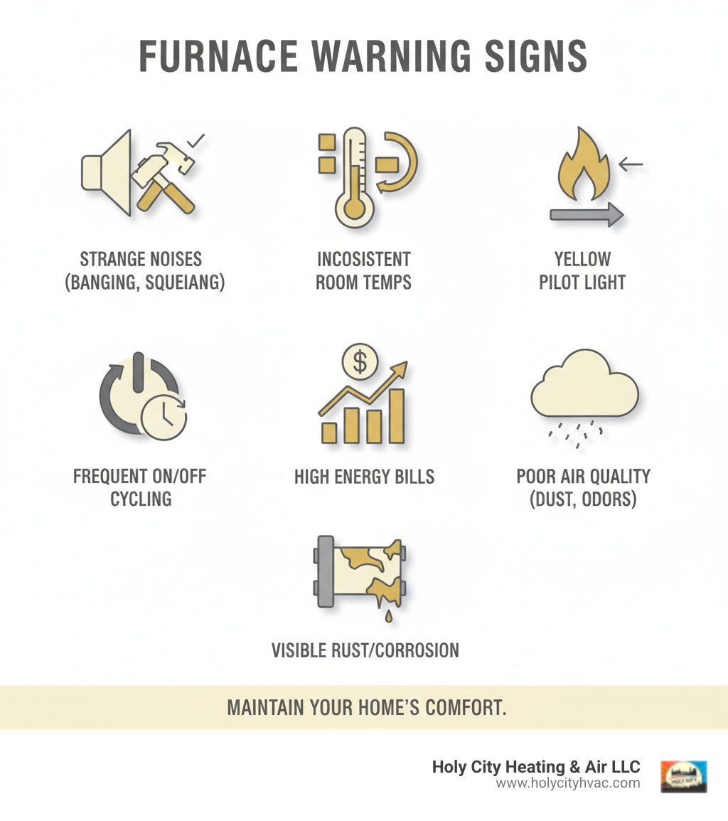 Infographic showing common furnace warning signs including strange noises like banging or squealing, inconsistent room temperatures, yellow pilot light flame, frequent on-off cycling, unusually high energy bills, poor air quality with dust and odors, and visible rust or corrosion on components - furnace repair mt pleasant infographic Infographic showing common furnace warning signs including strange noises like banging or squealing, inconsistent room temperatures, yellow pilot light flame, frequent on-off cycling, unusually high energy bills, poor air quality with dust and odors, and visible rust or corrosion on components - furnace repair mt pleasant infographic