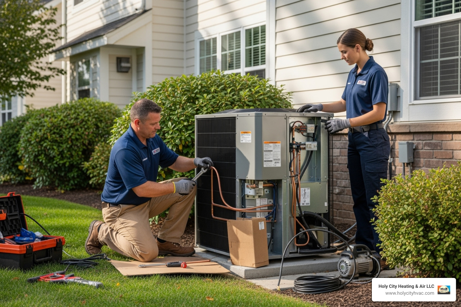 technicians professionally installing outdoor AC unit - ac installation charleston
