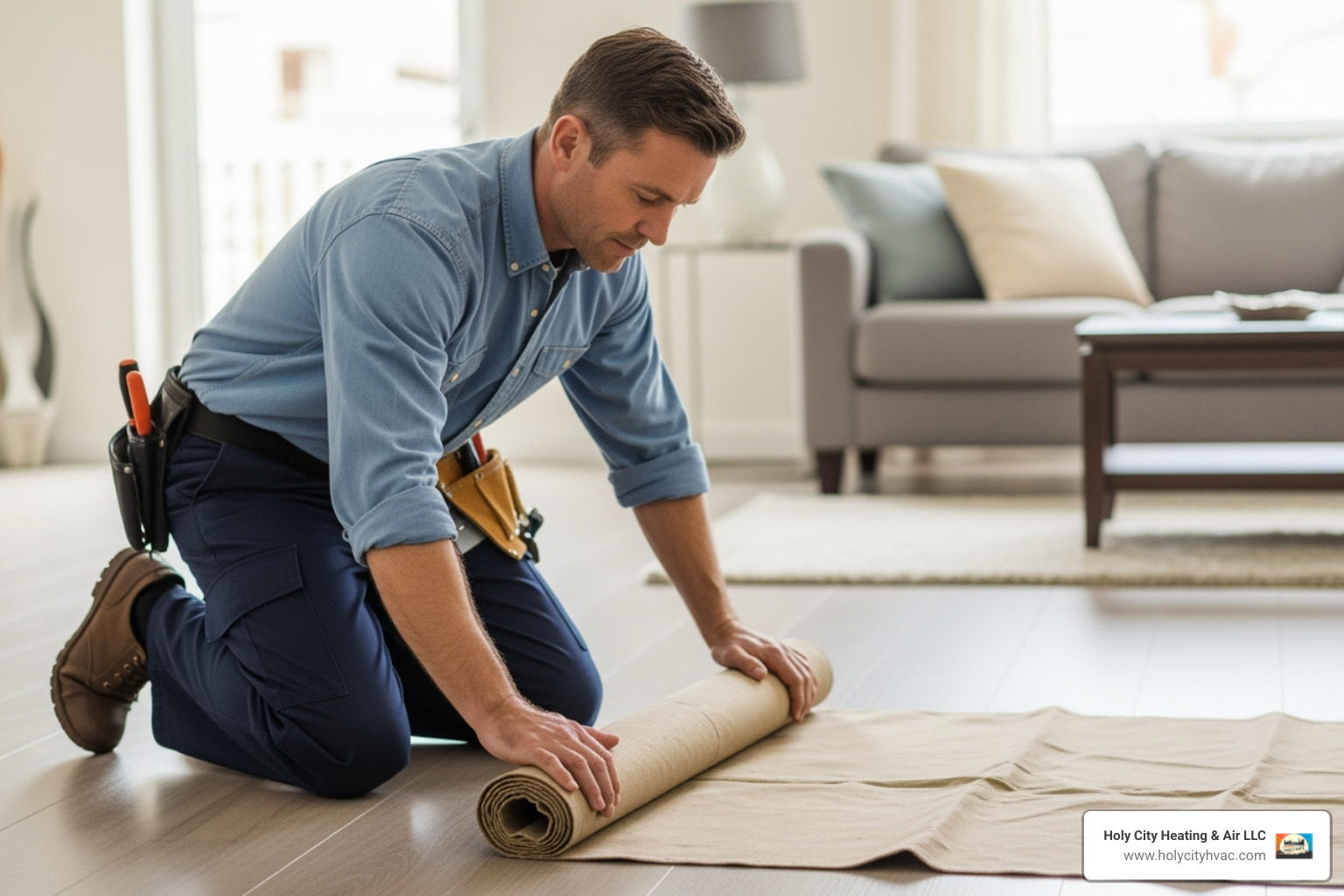 professional plumber laying down protective floor coverings - whole house repipe professional plumber laying down protective floor coverings - whole house repipe