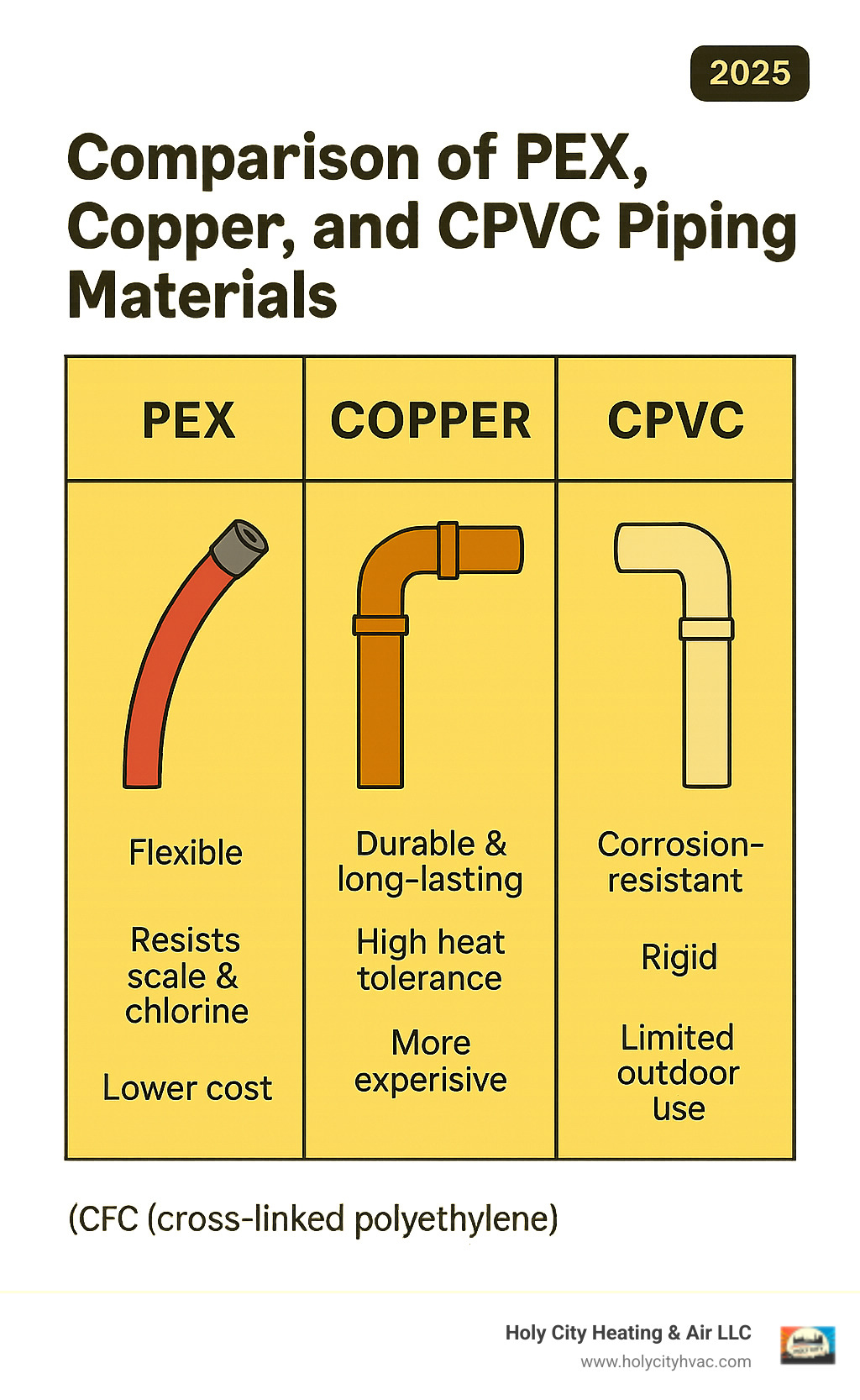 Comparison of PEX, Copper, and CPVC piping materials - whole house repipe infographic Comparison of PEX, Copper, and CPVC piping materials - whole house repipe infographic