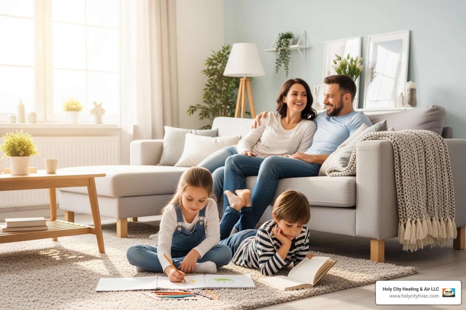 A family enjoying a comfortable living room after ductwork replacement - ductwork replacement near me A family enjoying a comfortable living room after ductwork replacement - ductwork replacement near me
