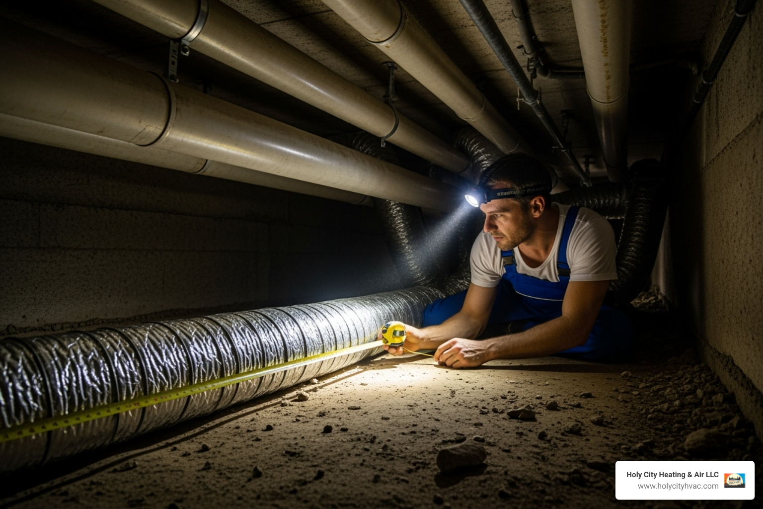 A technician measuring ductwork in a crawlspace for replacement - ductwork replacement near me A technician measuring ductwork in a crawlspace for replacement - ductwork replacement near me