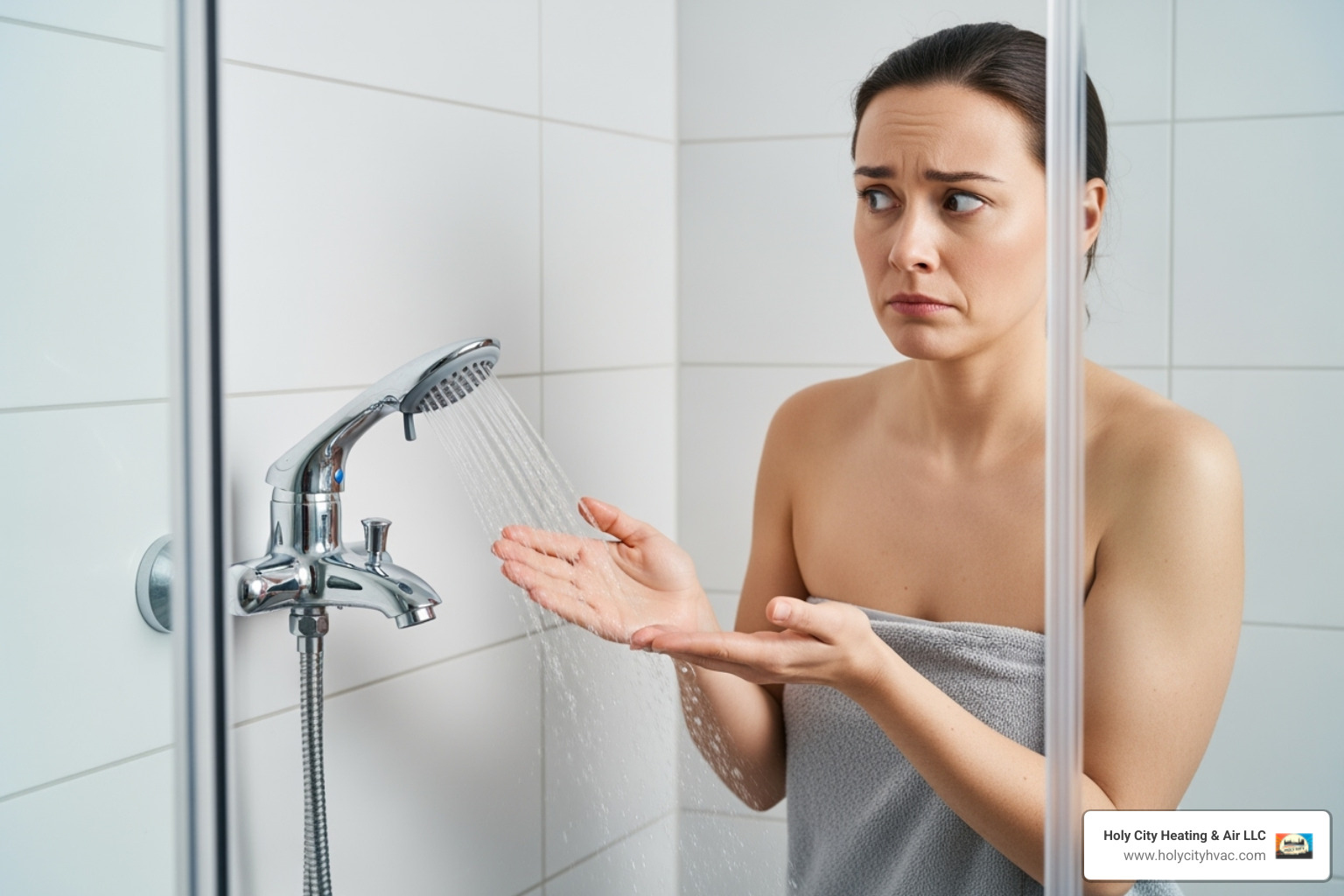 person looking puzzled at a cold shower faucet - common water heater repairs person looking puzzled at a cold shower faucet - common water heater repairs