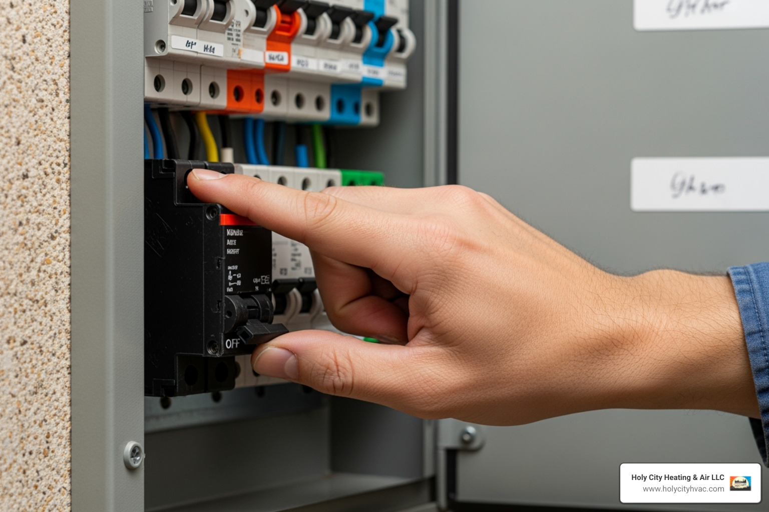 person shutting off a circuit breaker labeled "Water Heater" - common water heater repairs person shutting off a circuit breaker labeled "Water Heater" - common water heater repairs