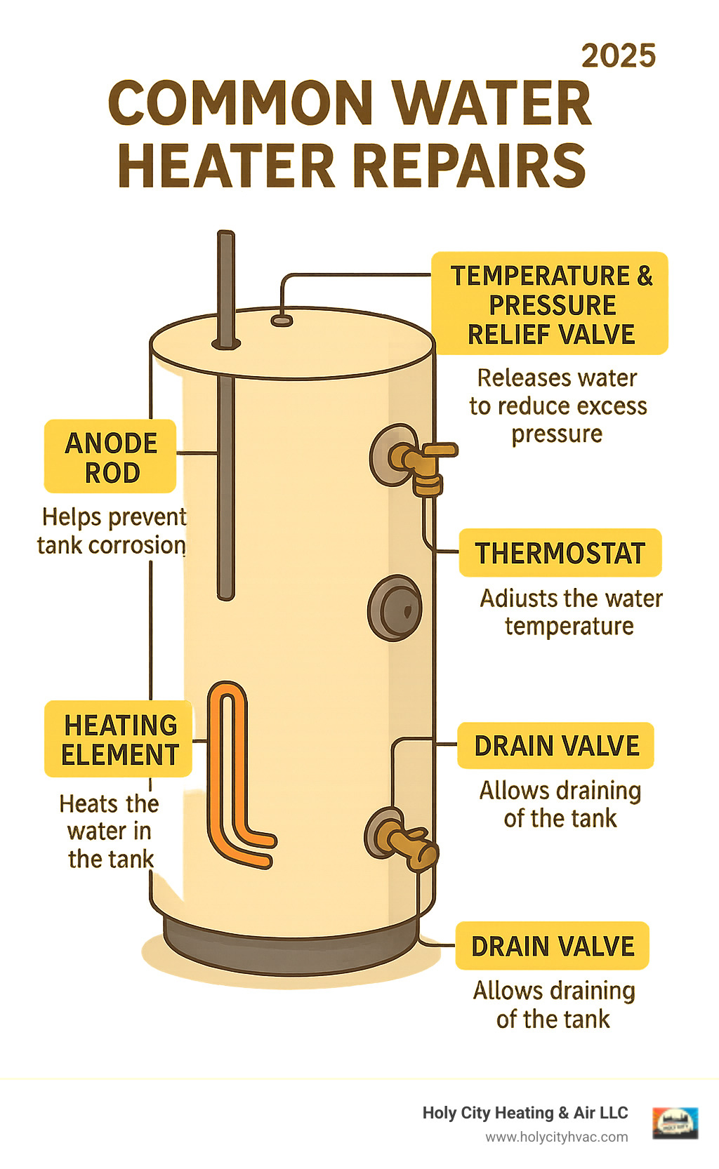 Infographic showing the main components of a tank water heater including the heating element at the bottom, thermostat on the side, anode rod suspended from the top, temperature and pressure relief valve, and drain valve at the base, with labels and brief explanations of each part's function - common water heater repairs infographic Infographic showing the main components of a tank water heater including the heating element at the bottom, thermostat on the side, anode rod suspended from the top, temperature and pressure relief valve, and drain valve at the base, with labels and brief explanations of each part's function - common water heater repairs infographic