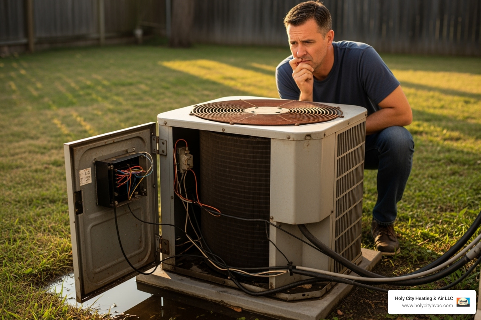 Homeowner looking concerned at an old, noisy air conditioner - replacement of ac