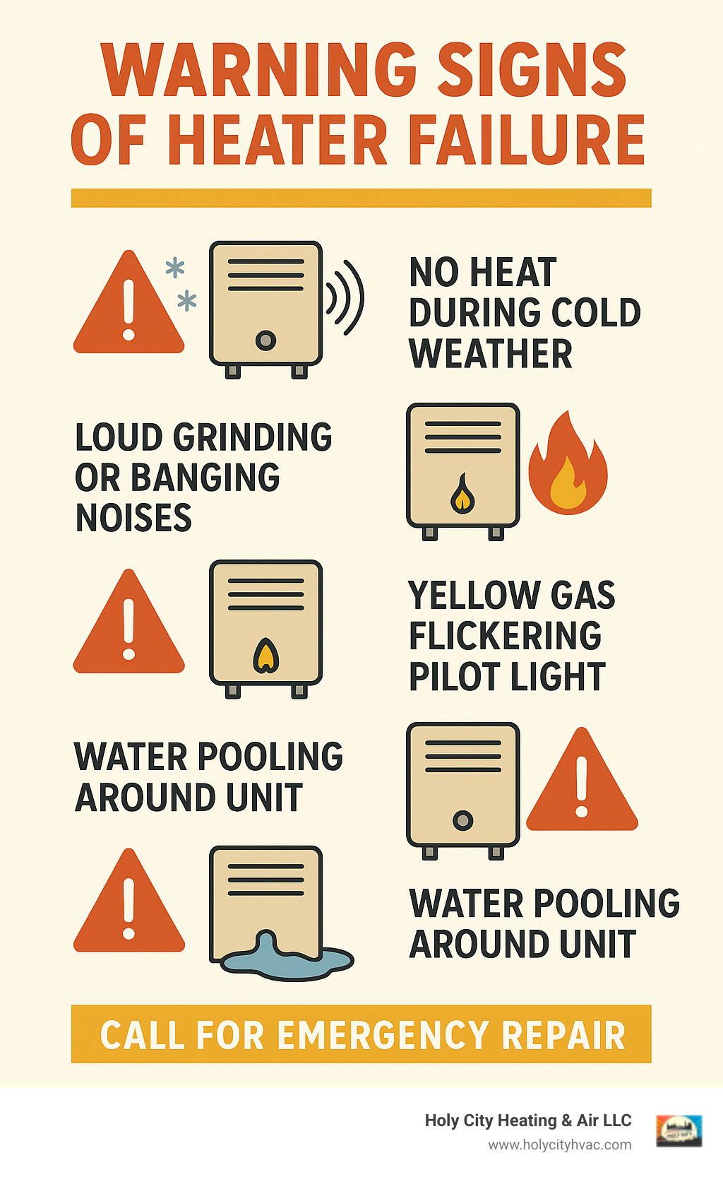 Infographic showing 5 critical warning signs of heater failure: no heat output during cold weather, loud grinding or banging noises, strong gas or burning smells, yellow flickering pilot light, and water pooling around the unit, with red alert icons and emergency contact reminder - emergency heater repair near me infographic 