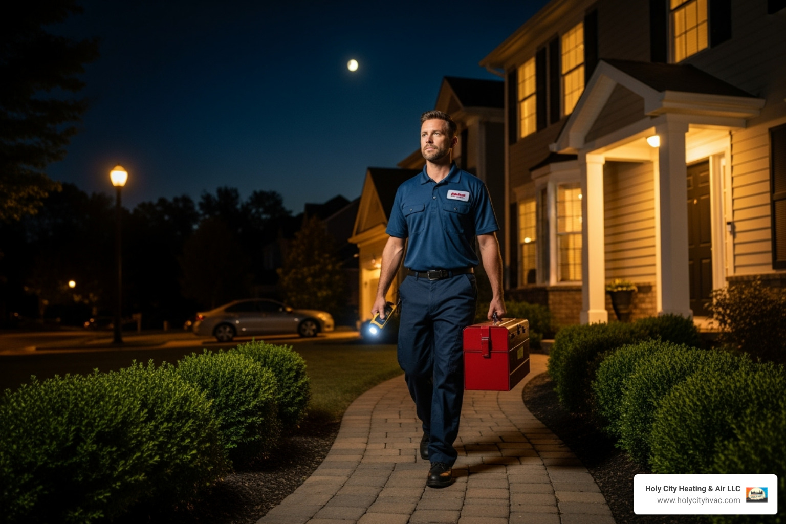 professional HVAC technician arriving at home at night - emergency heater repair near me