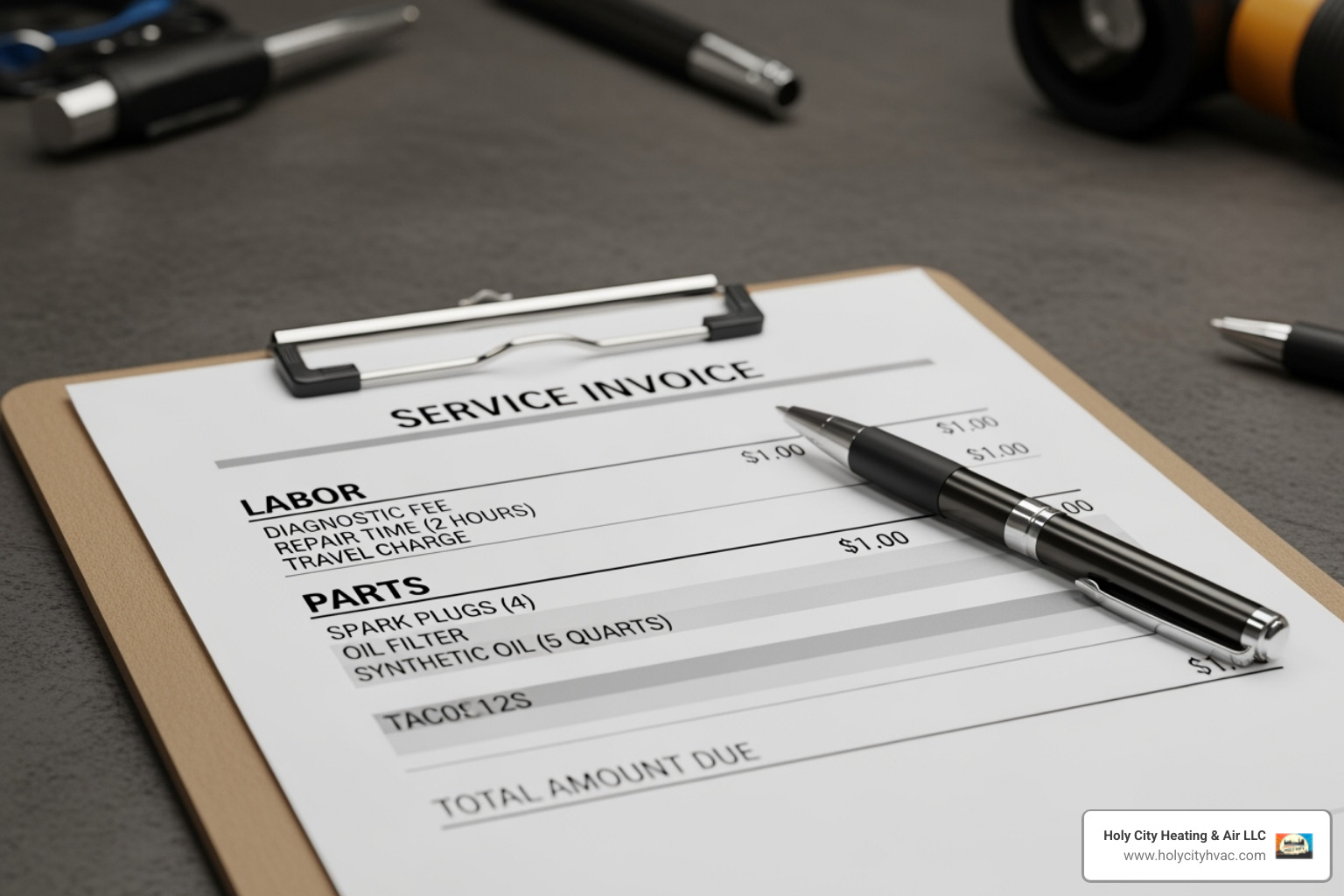 Image of a technician's invoice with sections for labor and parts highlighted - gas heater repair cost