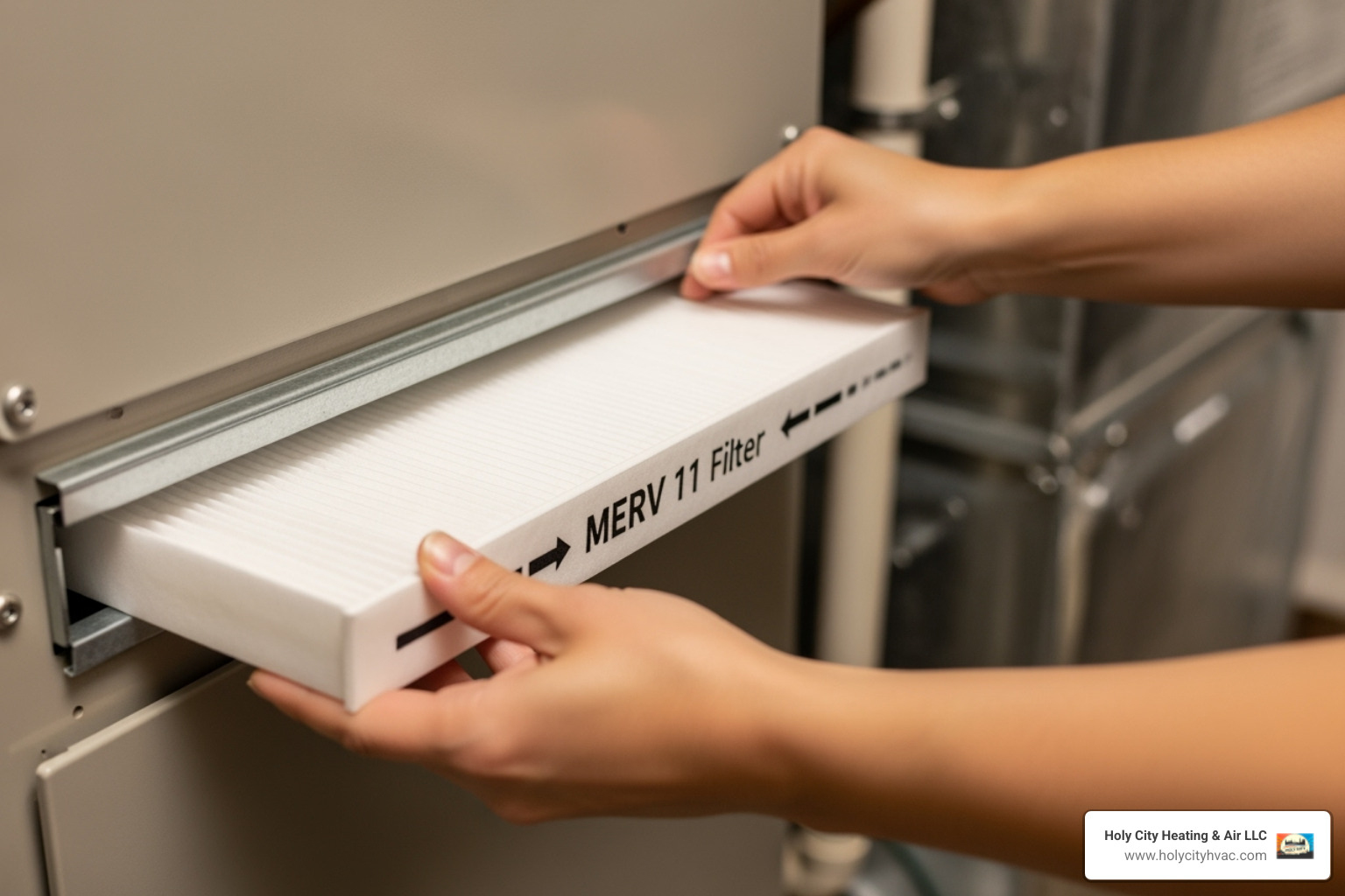 Image of a homeowner easily sliding a clean new filter into their furnace - gas heater repair cost