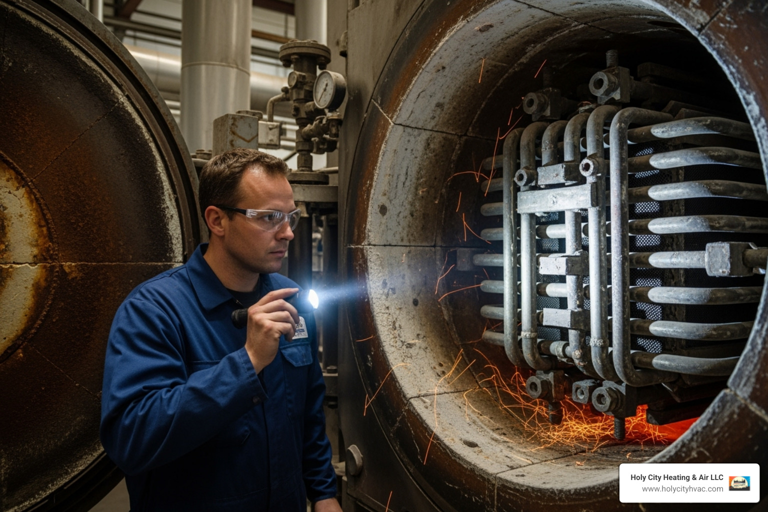 Image of a technician inspecting the inside of a furnace with a flashlight - gas heater repair cost
