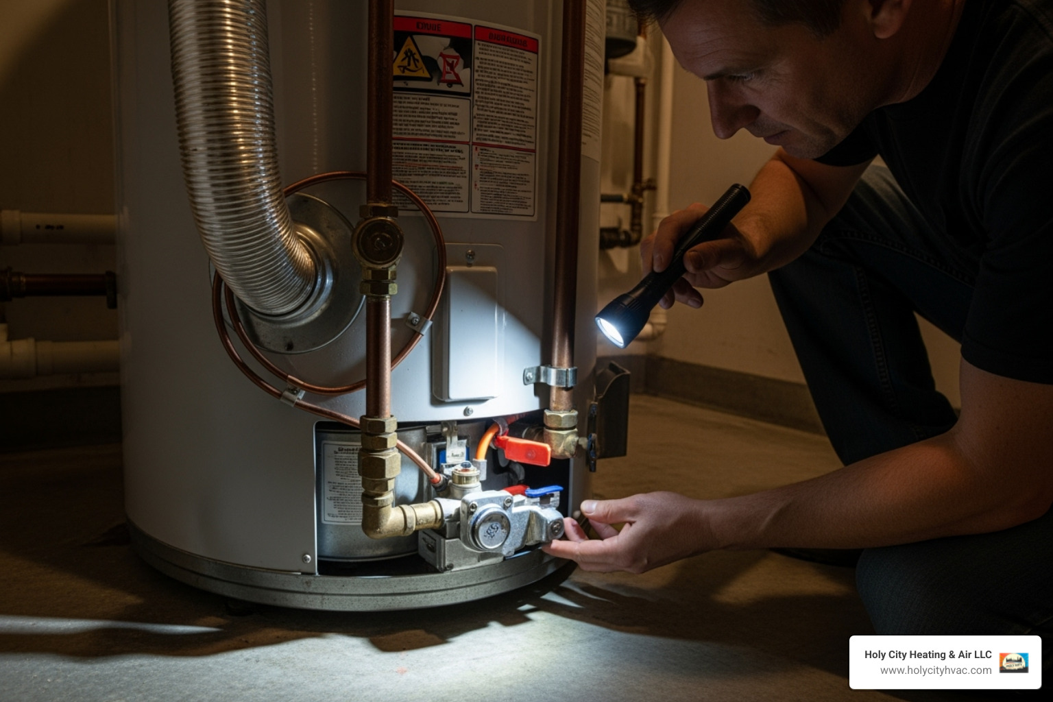 person checking the pilot light assembly on a water heater - gas hot water system repairs