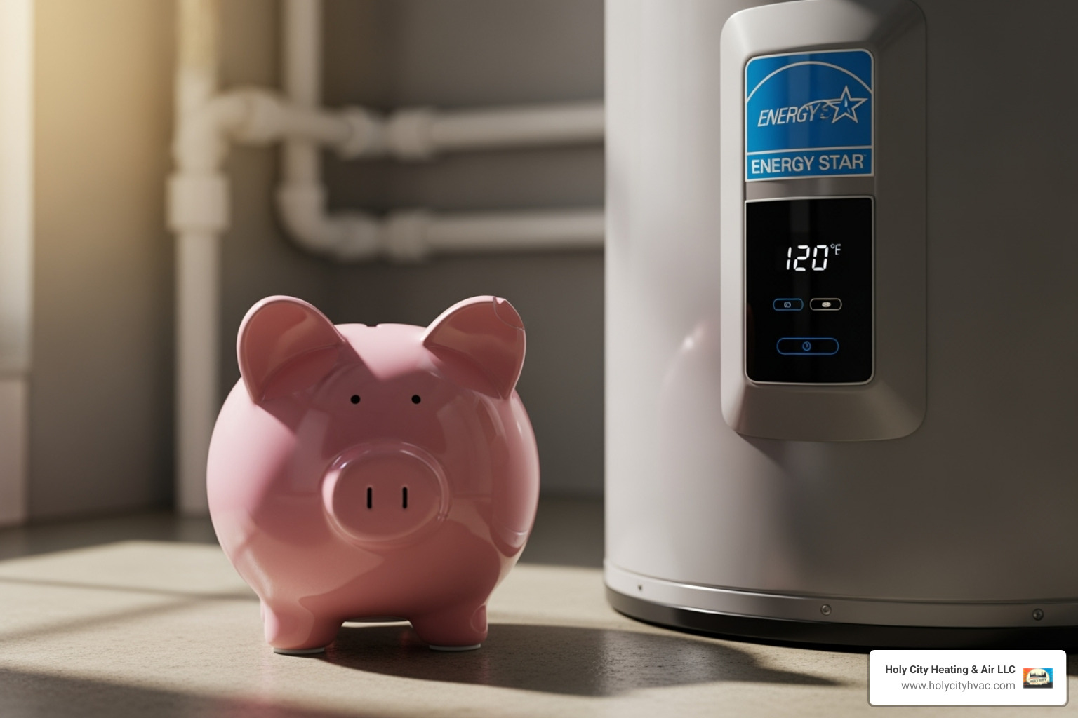 A piggy bank next to an ENERGY STAR certified water heater, symbolizing savings - water heater installation service