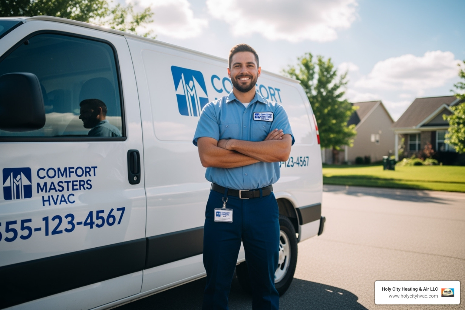 A friendly, certified technician standing proudly next to a Holy City Heating & Air van, symbolizing reliable local service - air duct repair services near me