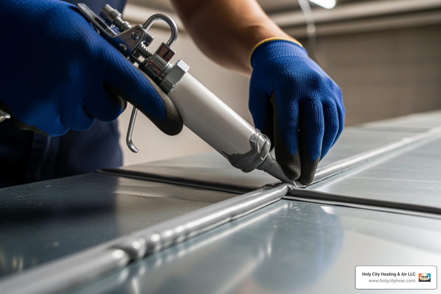A technician carefully applying mastic sealant to a duct joint, ensuring an airtight seal - air duct repair services near me