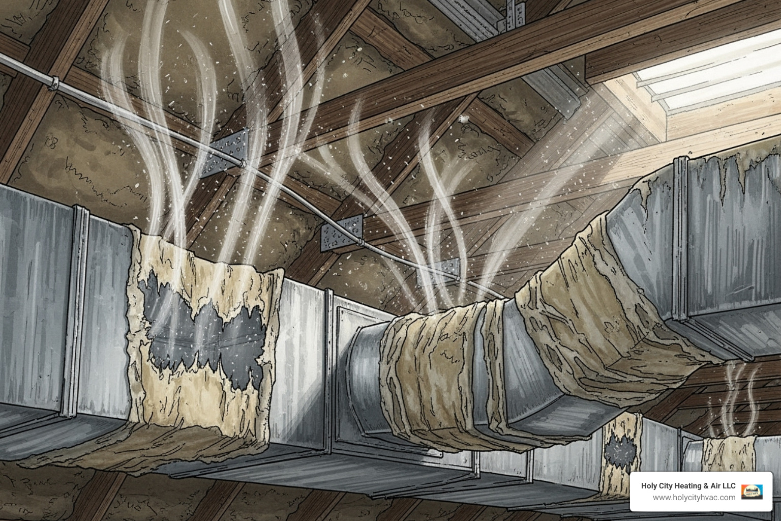 A diagram showing air leaking from a duct into an attic, illustrating common energy loss points in a home's HVAC system - air duct repair services near me