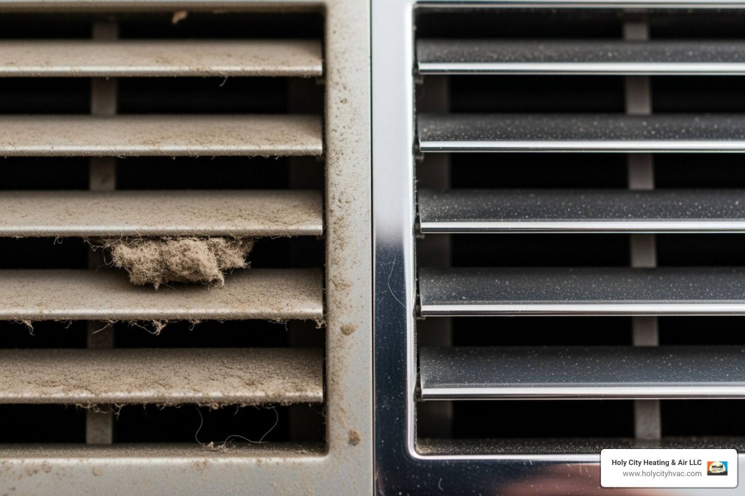 A dusty air vent next to a clean one, highlighting the visual difference caused by poor air duct maintenance - air duct repair services near me