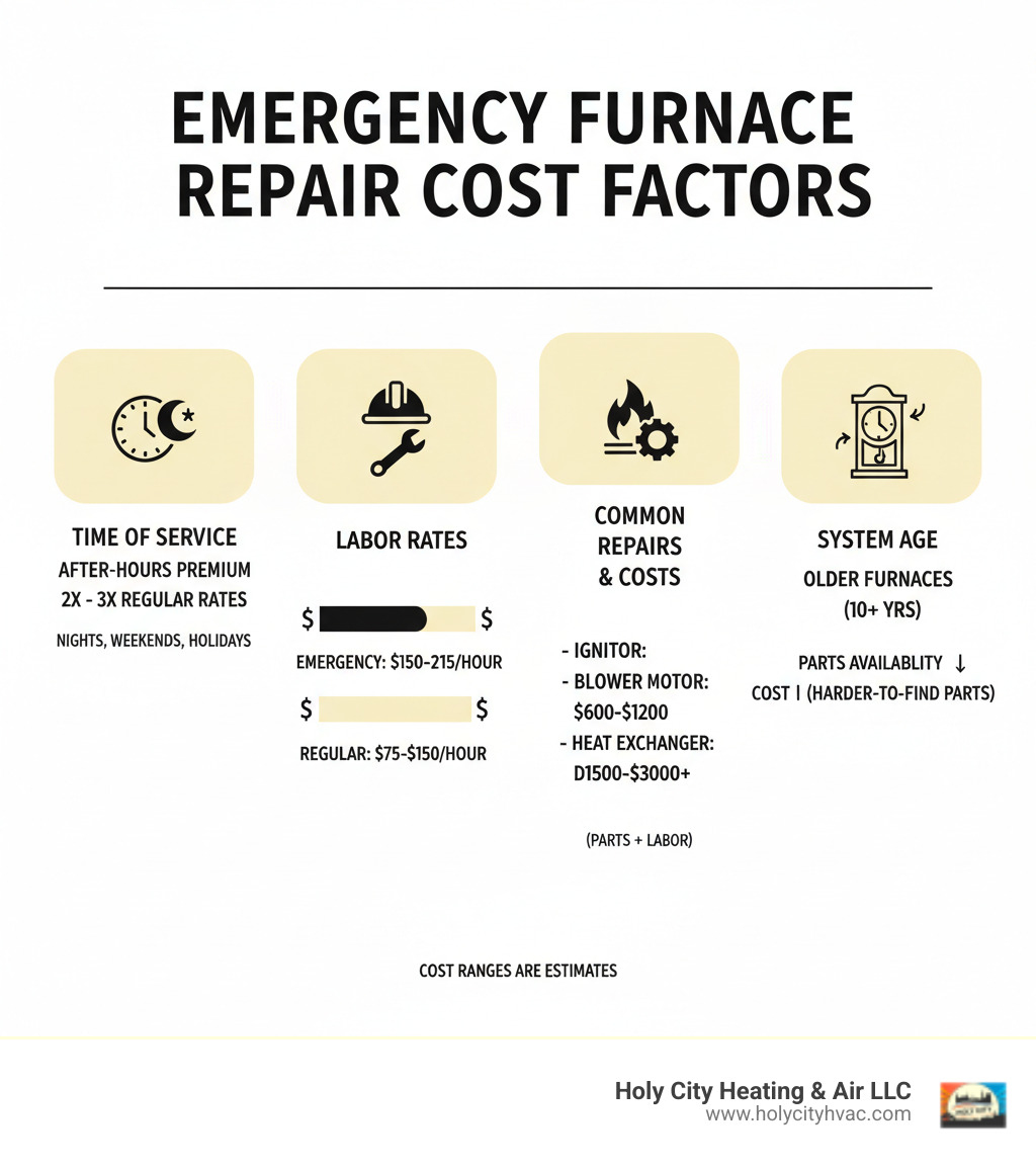 Infographic showing emergency furnace repair cost factors including time of service (after-hours premium), labor rates comparison, common repair types and their typical cost ranges, and system age impact on parts availability - emergency furnace repair cost infographic 