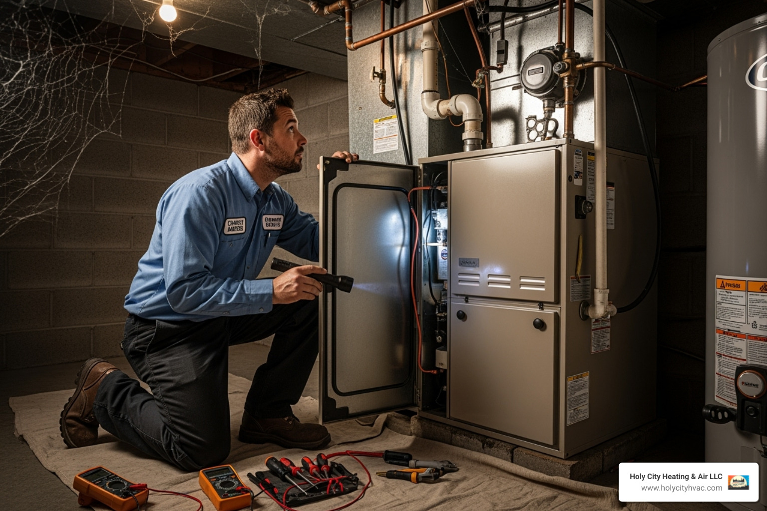 HVAC technician inspecting furnace - emergency furnace repair cost