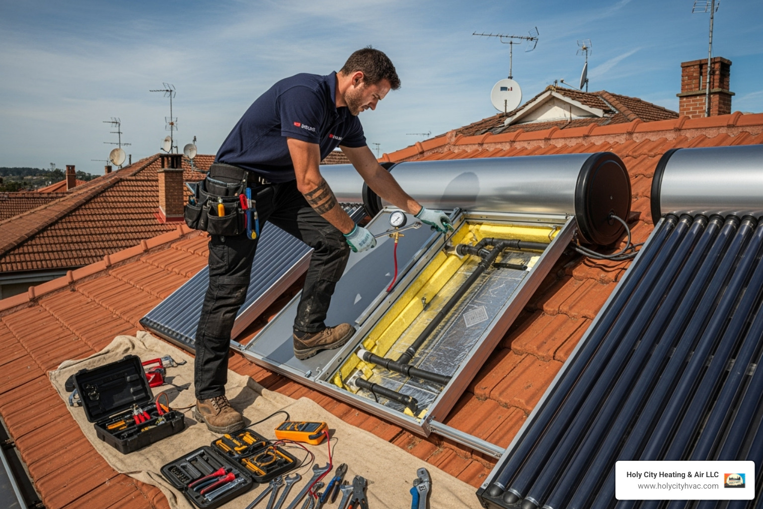 professional technician working on a solar hot water system - solar hot water system repairs