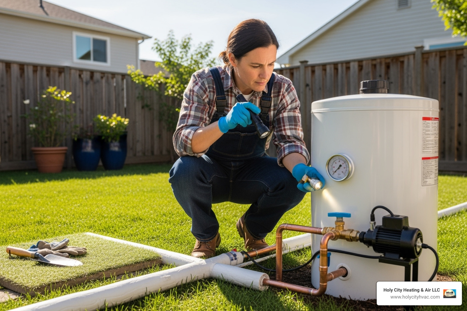 homeowner safely inspecting their solar hot water system's ground components - solar hot water system repairs