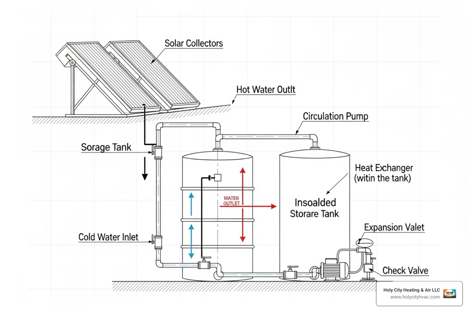 diagram showing the components of a solar hot water system - solar hot water system repairs