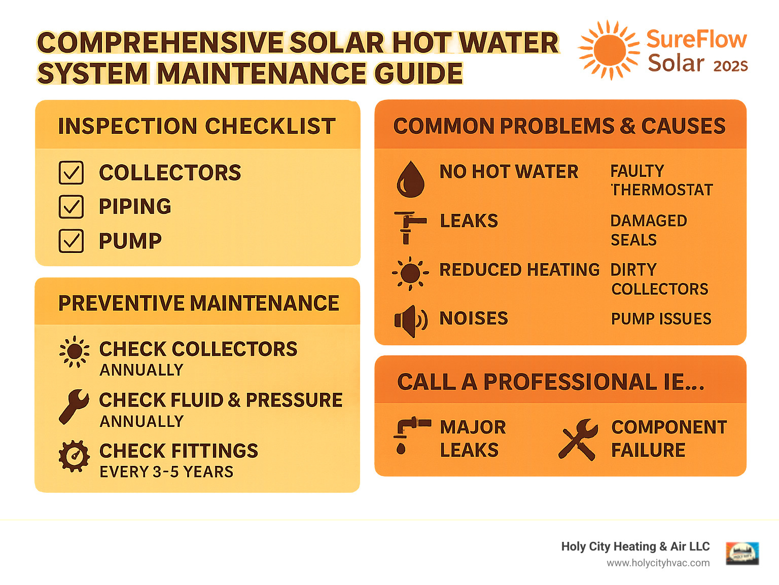 Comprehensive solar hot water system maintenance guide showing inspection checklist, common problems and their causes, preventive maintenance schedule, and when to call professionals for repairs - solar hot water system repairs infographic 