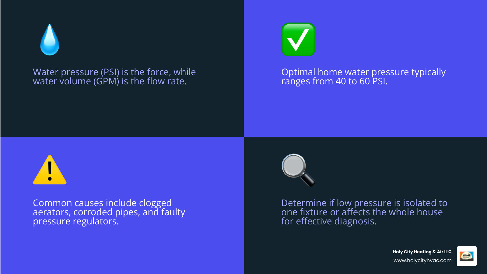 Comprehensive infographic showing the difference between water pressure measured in PSI and water volume measured in gallons per minute, including visual representations of normal pressure ranges 40-60 PSI, common causes of low pressure like clogged aerators and corroded pipes, and a simple diagnostic flowchart for single fixture versus whole house problems - Low water pressure infographic 4_facts_emoji_blue
