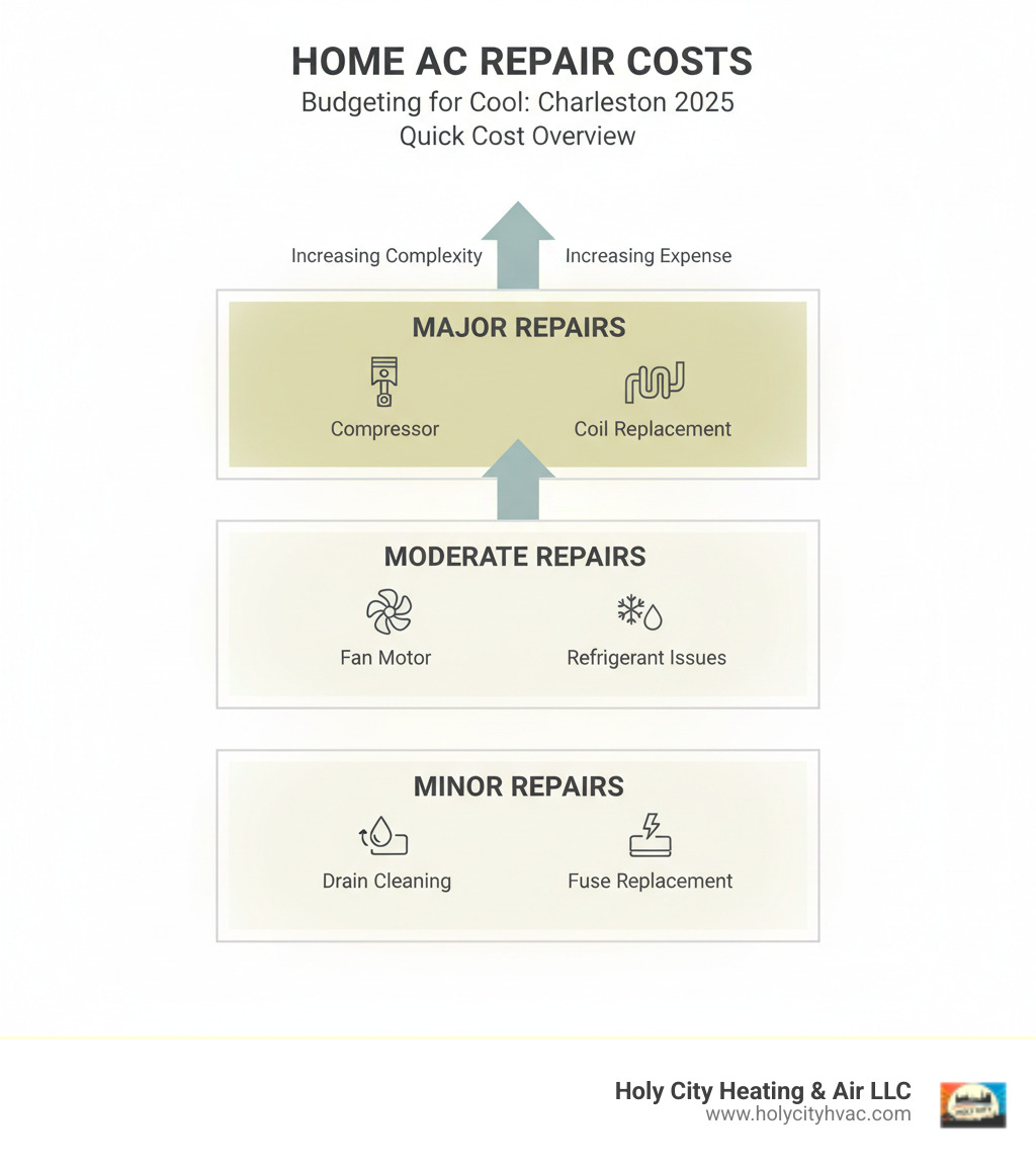 Cost breakdown infographic showing minor repairs like drain cleaning and fuse replacement at the bottom, moderate repairs like fan motor and refrigerant issues in the middle, and major repairs like compressor and coil replacement at the top, with arrows indicating increasing complexity and expense - cost to fix ac in house infographic 