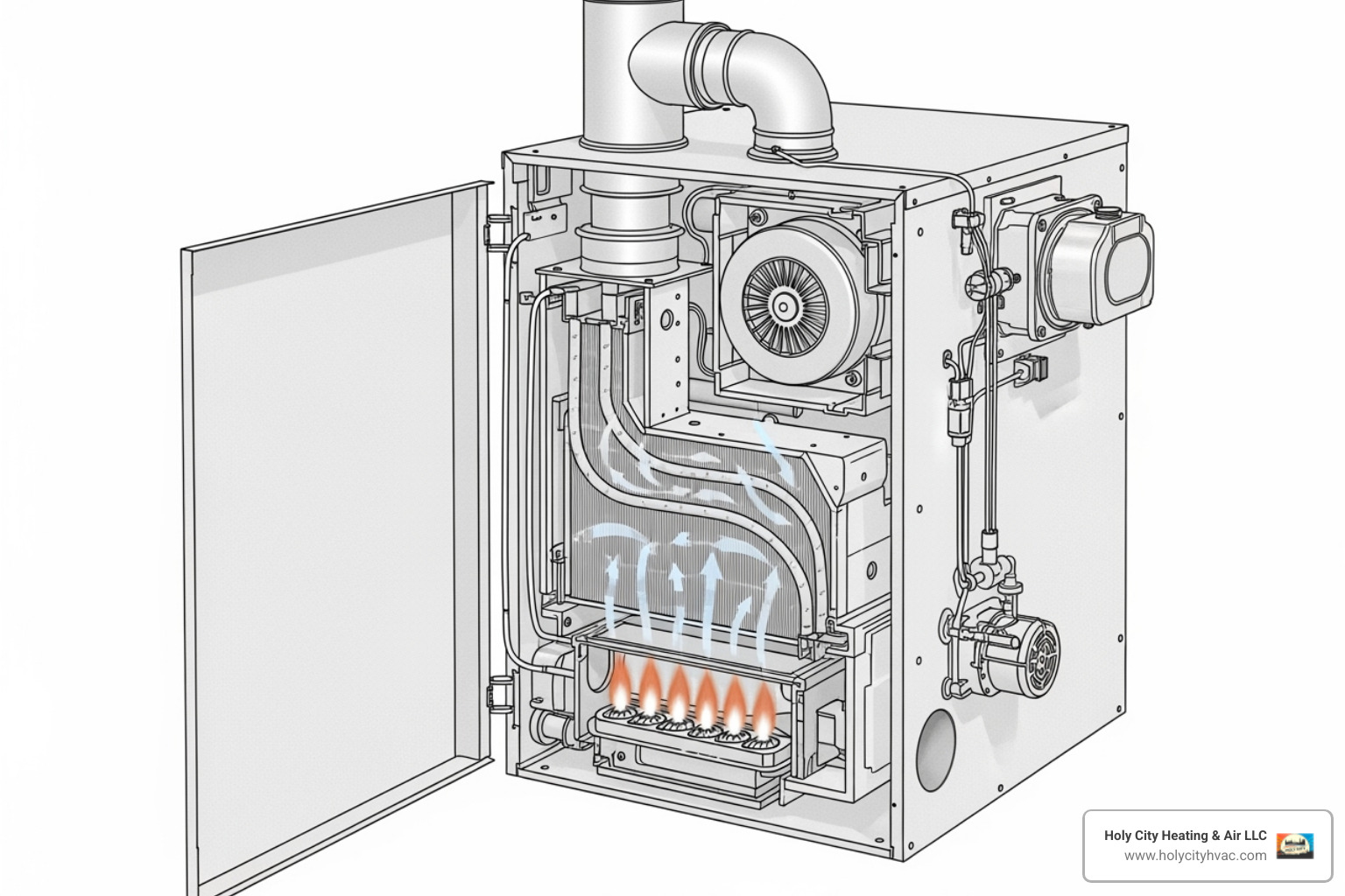 Diagram showing the main components of a gas furnace, including burner, heat exchanger, blower, and flue pipe - gas heater fixers
