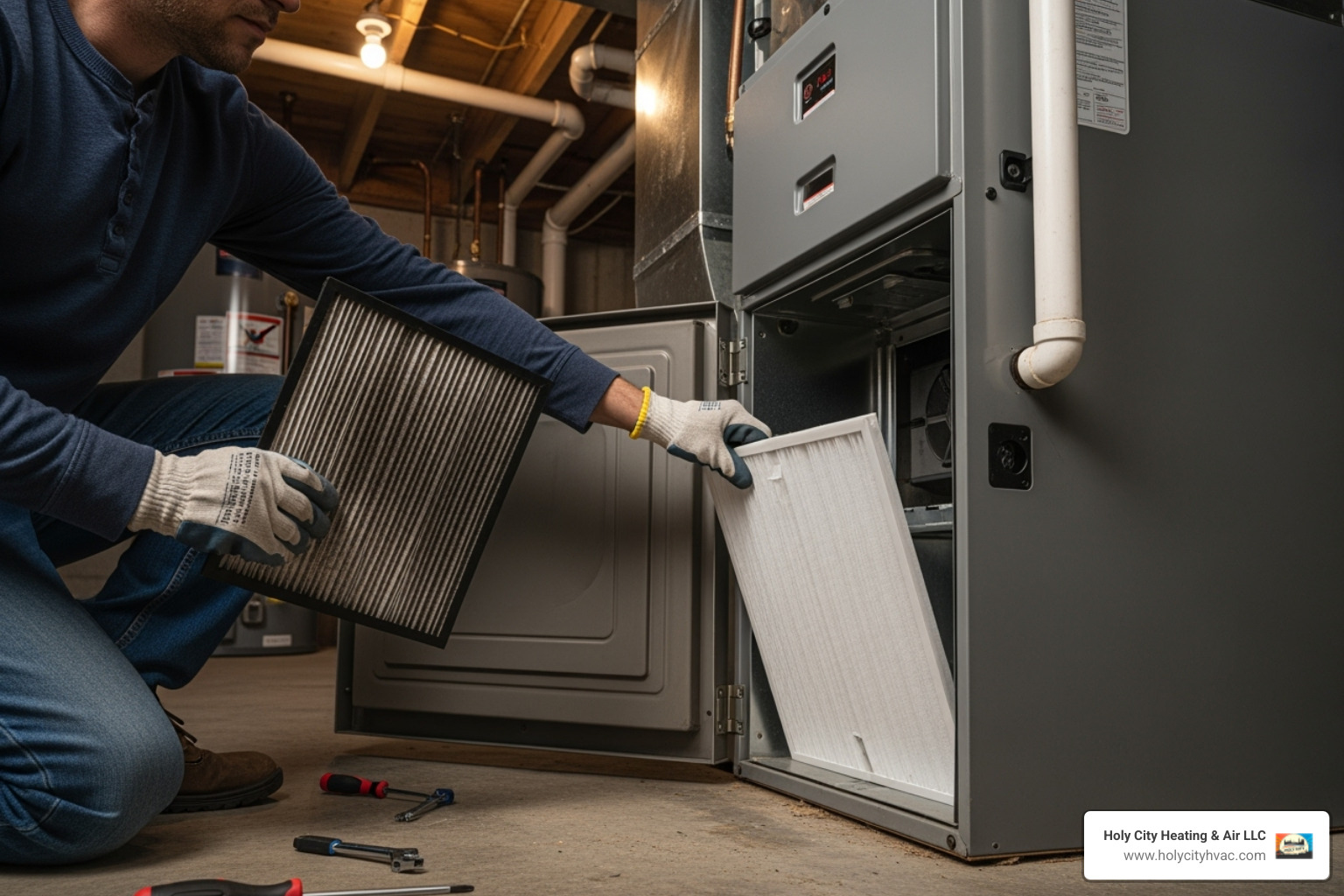 A homeowner changing a furnace filter - gas heater fixers