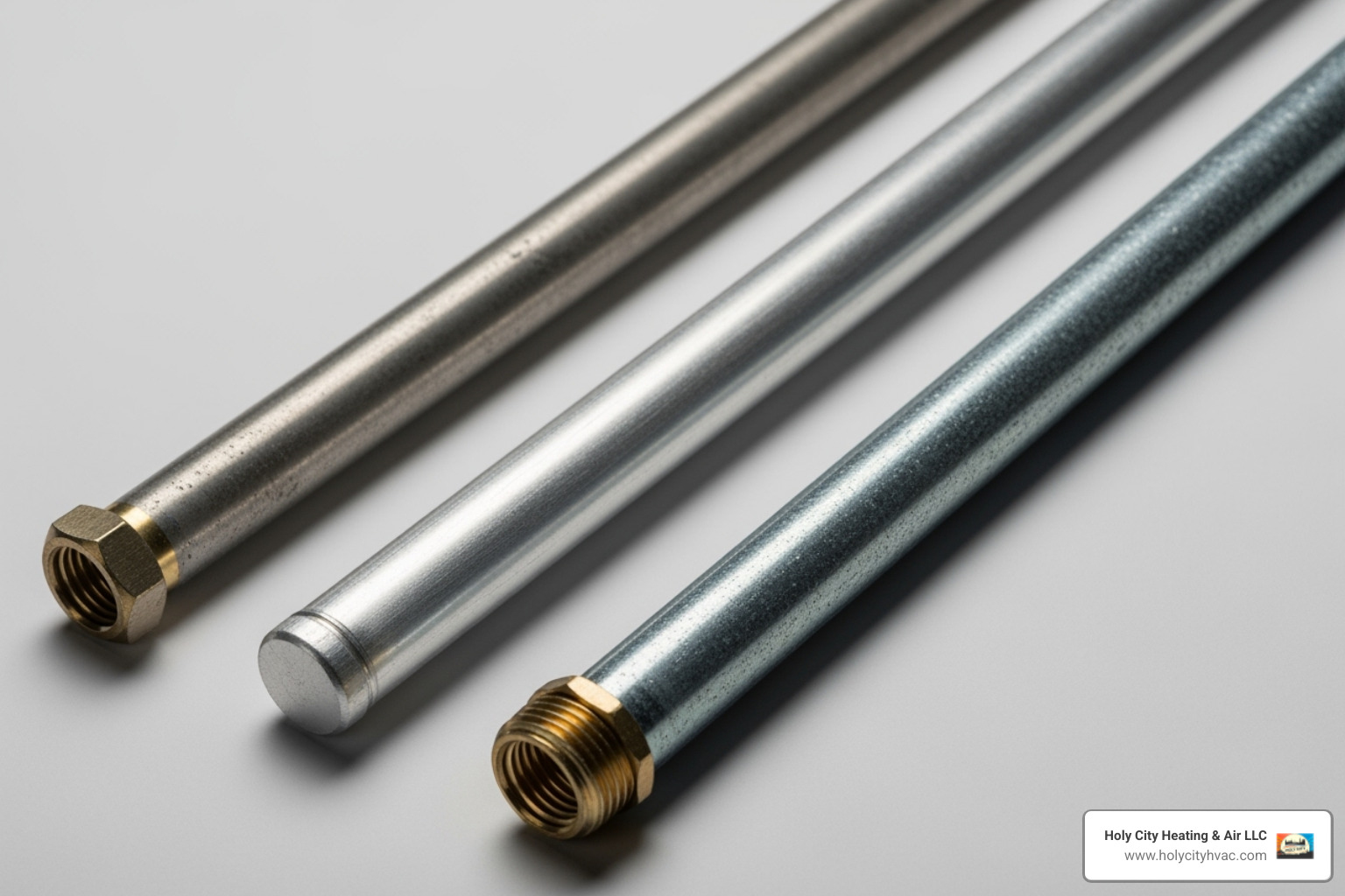image showing the three main types of anode rods (Magnesium, Aluminum, Zinc-Aluminum) - water heater anode rod image showing the three main types of anode rods (Magnesium, Aluminum, Zinc-Aluminum) - water heater anode rod