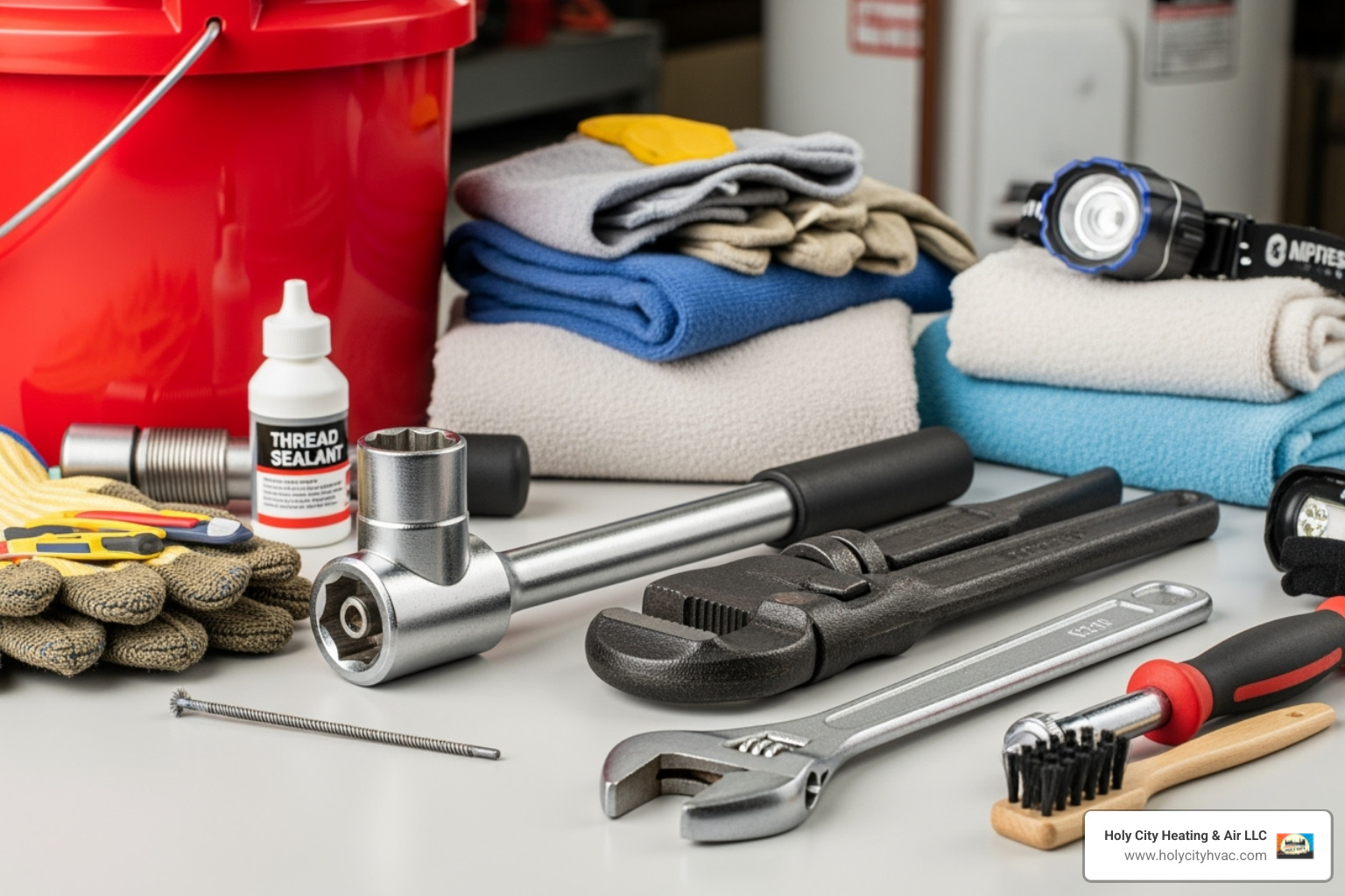 tools required for anode rod replacement laid out neatly - water heater anode rod tools required for anode rod replacement laid out neatly - water heater anode rod
